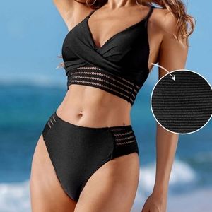 Black Ribbed Cut-Out Bikini Top & Bottoms Set